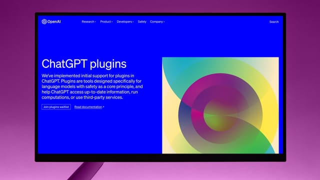A contemporary screen displaying the ChatGPT plugins interface by OpenAI, highlighting AI technology advancements.