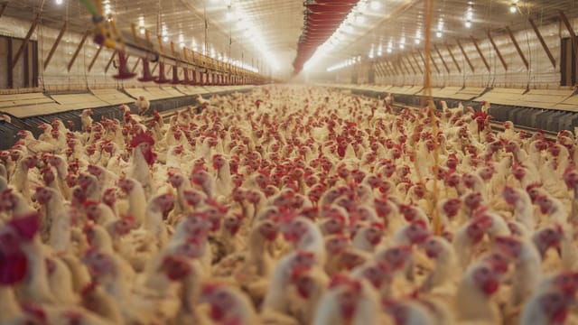 Extensive view of a poultry farm filled with numerous white chickens raised indoors.