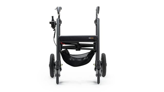 Sleek motorized wheelchair showcasing mobility and accessibility on a white backdrop.