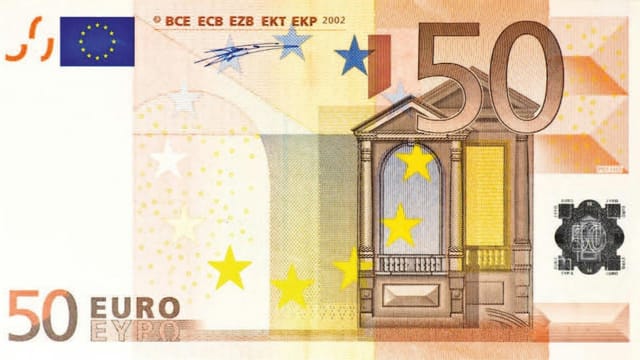Detailed image of a 50 euro banknote featuring European Union symbols and architecture.