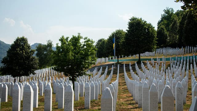 White gravestones at Srebrenica Memorial Cemetery, symbolizing remembrance and history.
