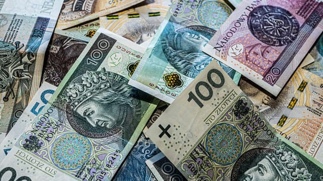 A collection of Polish Zloty banknotes in various denominations, scattered.