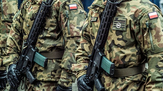 Polish soldiers in uniform standing in formation with rifles, showcasing military discipline.