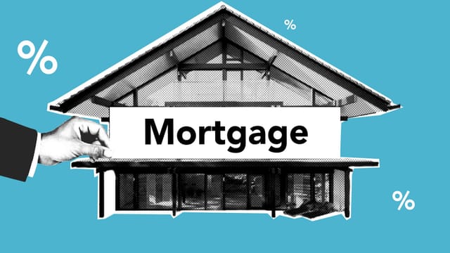 Cutout paper composition of realtor with inscription mortgage over house for purchases with payment of interest on amount of cost