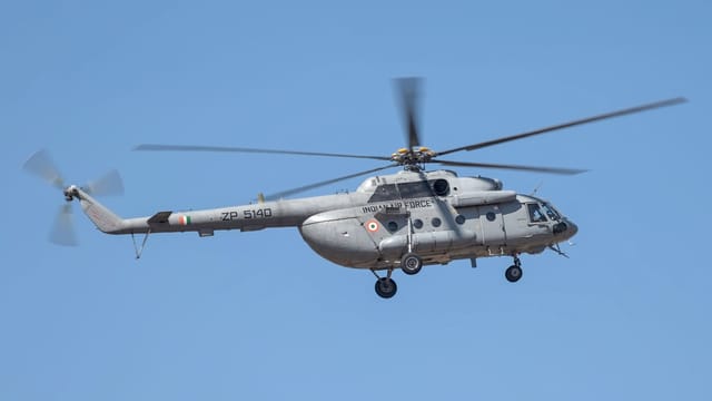Indian Air Force Mi-17 helicopter flying over Bengaluru, India.