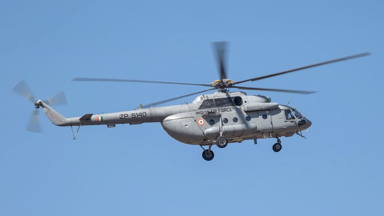 Indian Air Force Mi-17 helicopter flying over Bengaluru, India.