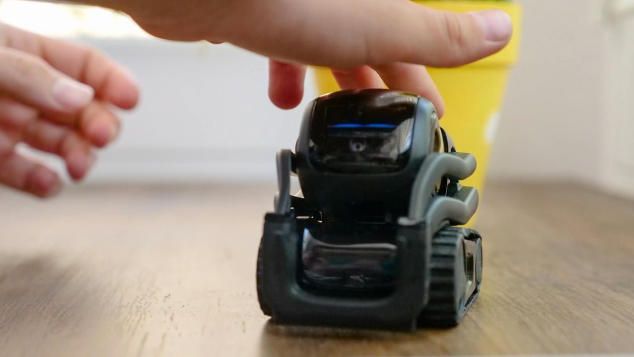 Modern miniature robot being pet by a hand, showcasing technology interaction.
