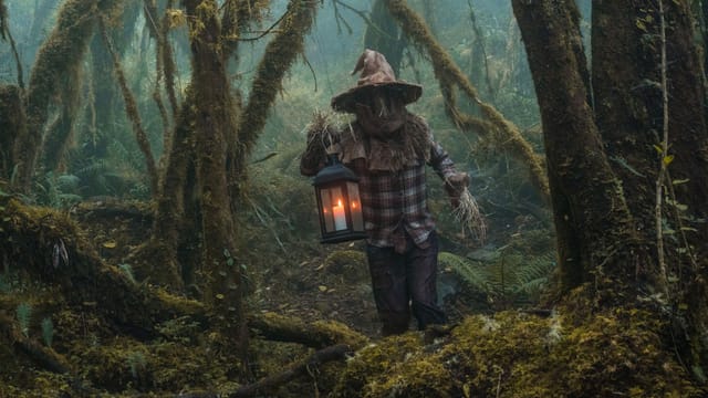 A person in a scarecrow costume holding a lantern among foggy trees in Choachí, Colombia.