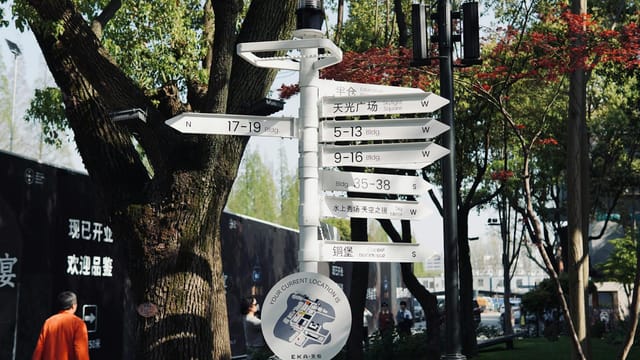 Multi-directional signpost in a Japanese park surrounded by lush trees and urban environment.