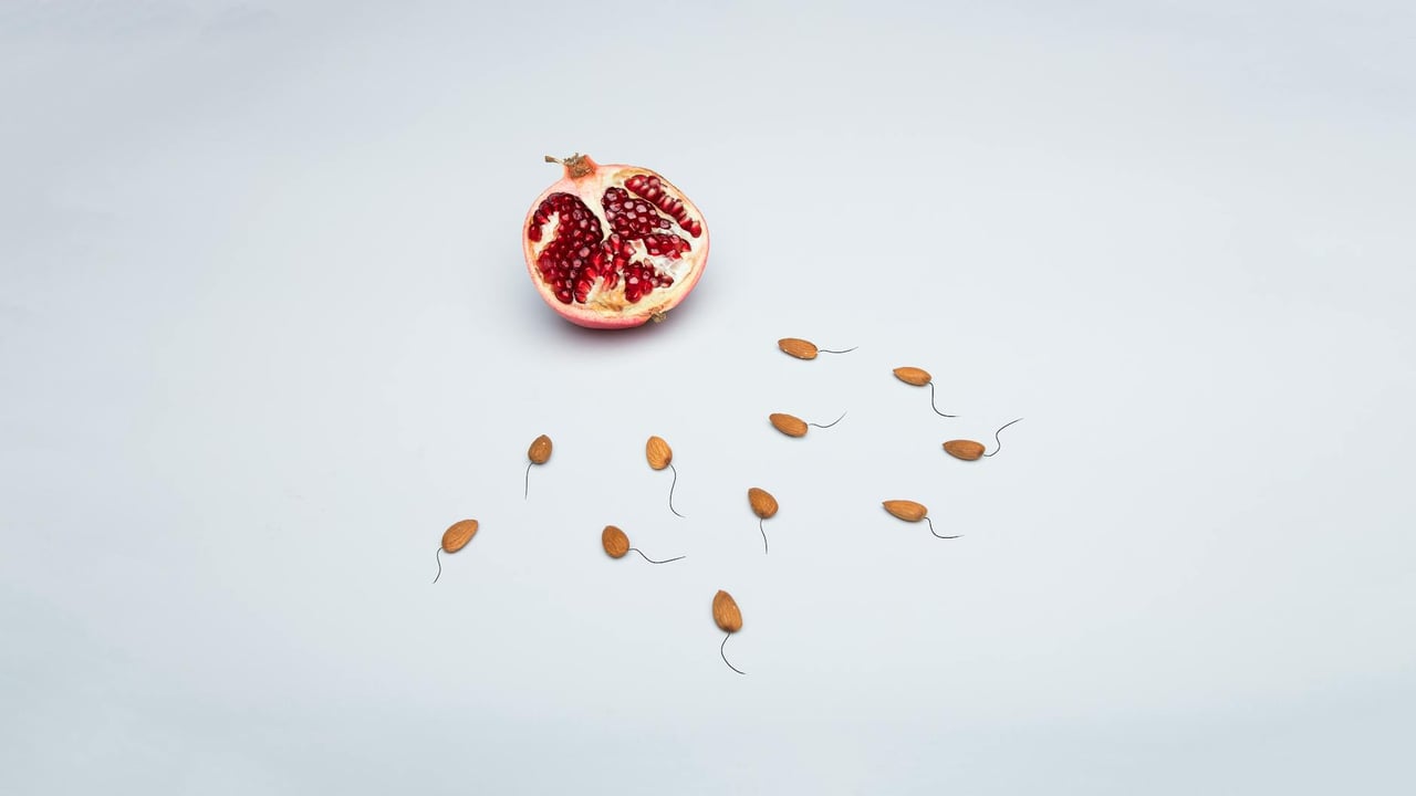 Creative arrangement of pomegranate and almond seeds representing fertility.