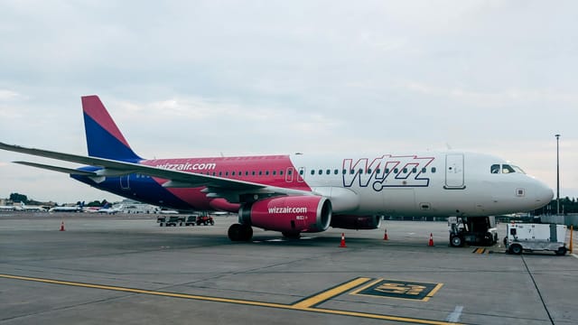 Wizz Air Airbus A320 aircraft parked on the tarmac at Kyiv airport, Ukraine.