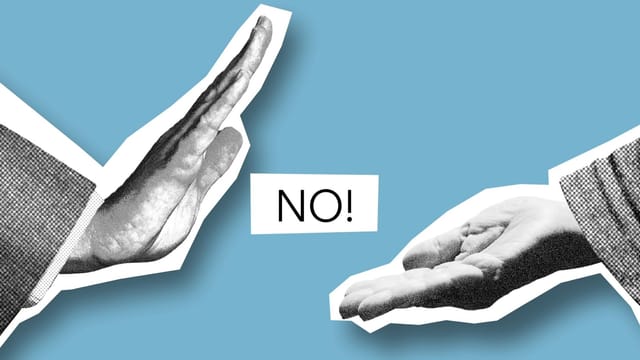 Cutout paper composition representing male showing rejection to outstretched helping hand during negotiations