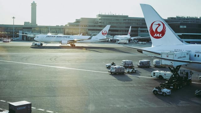 Japan Airlines planes on the tarmac at Narita International Airport in Chiba, Japan.