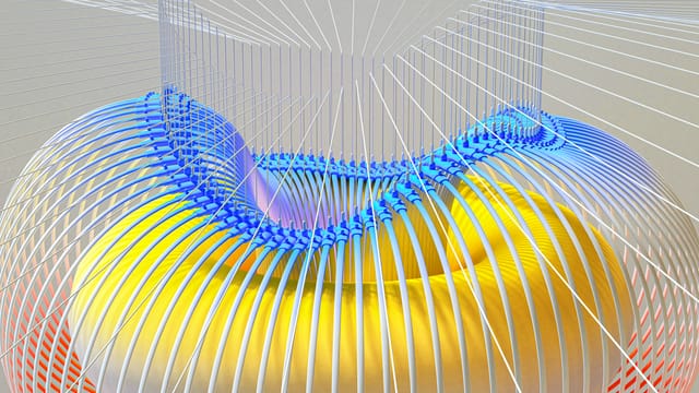 A dynamic 3D render with vibrant colors and a wireframe pattern, symbolizing modern technology.