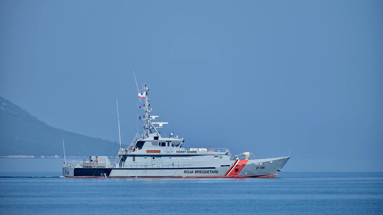Coast guard vessel patrolling in Vlorë, Albania on a clear day.