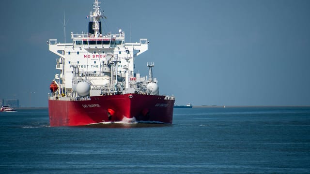 A red cargo ship navigates calm blue ocean waters, showcasing maritime transportation.