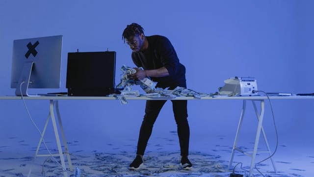 A man counting cash surrounded by computers and money in a blue-lit room, symbolizing cybercrime.