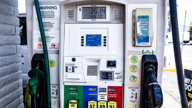 Close-up of a fuel pump showing gasoline and diesel options at a gas station in Los Angeles.