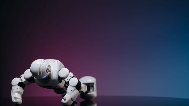 White robot doing push-ups on reflective surface, futuristic concept.