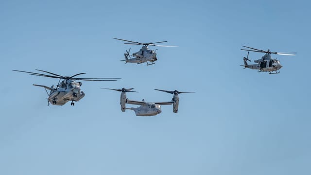 US Marine Corps helicopters and aircrafts fly during San Diego airshow.