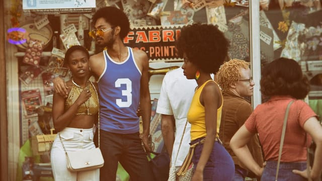 Vintage style group outside a shop in Brooklyn, capturing fashion and atmosphere of the era.