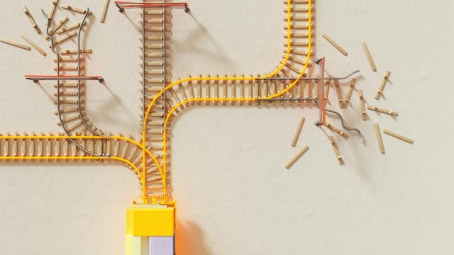 Creative illustration of train tracks on wooden blocks, depicting decision making concepts.