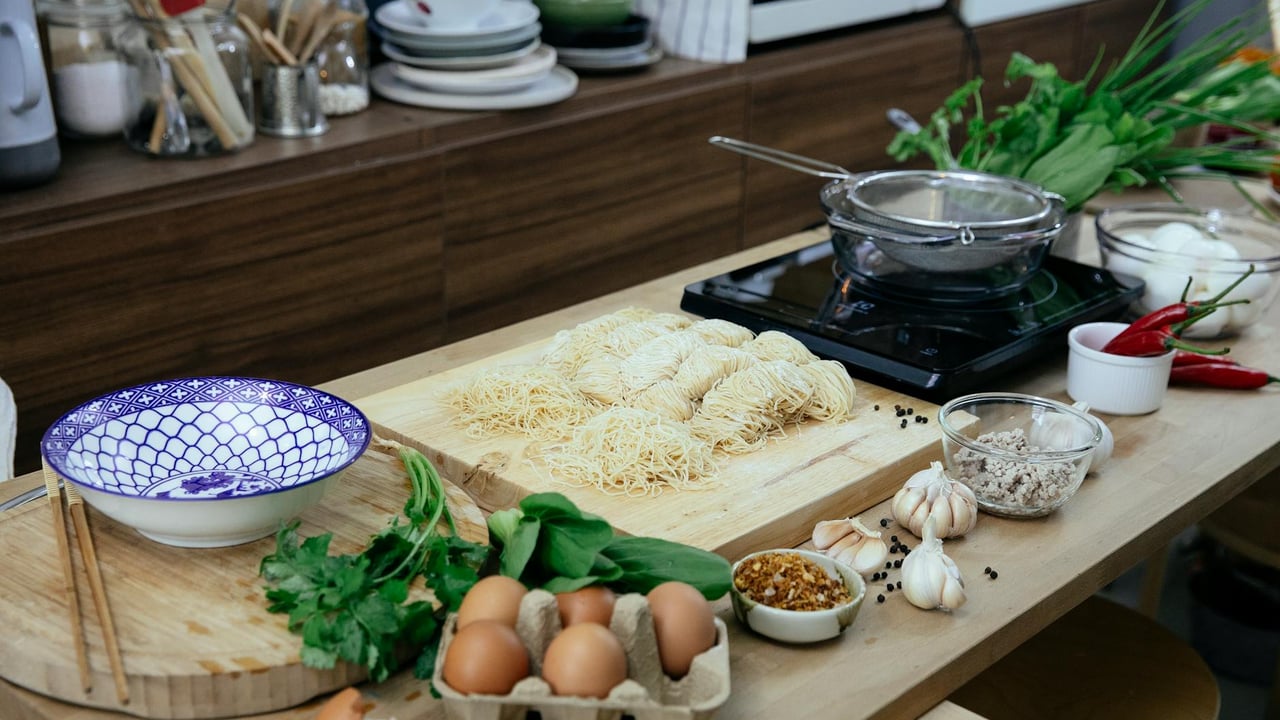 A kitchen scene showcasing fresh ingredients for a homemade meal.