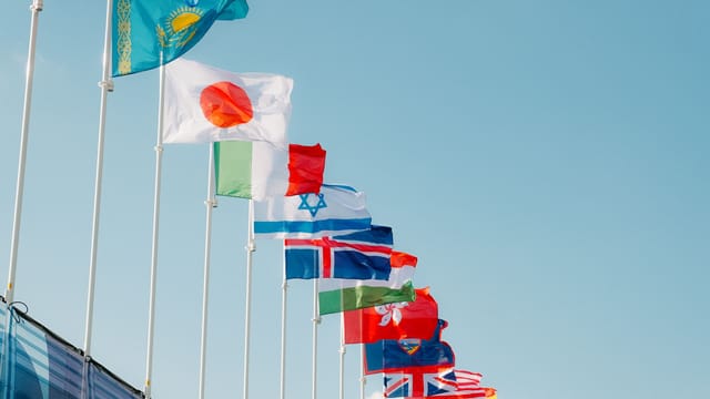 A row of international flags waving under a clear blue sky in Paris, France.