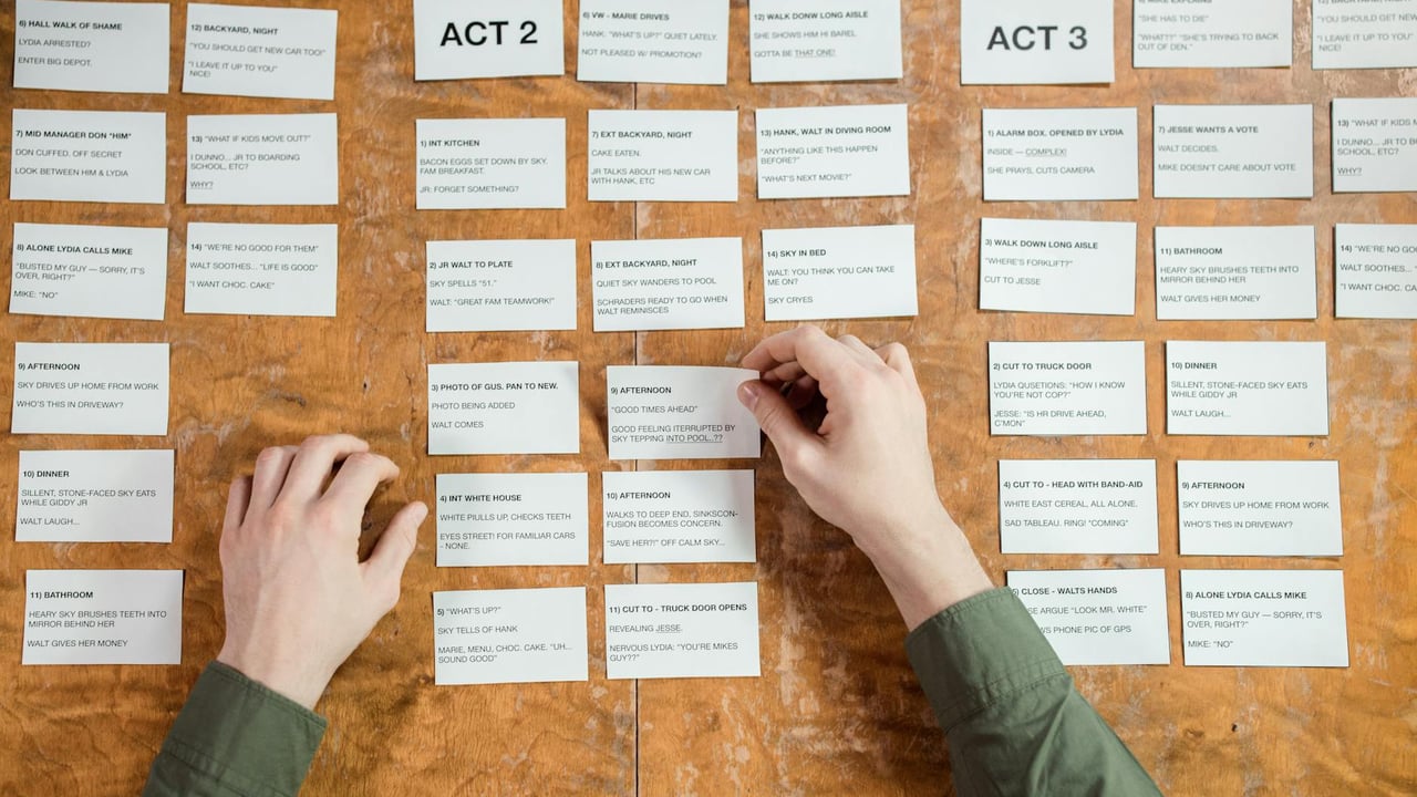 Hands arranging screenplay cards on a wooden table, depicting script development.
