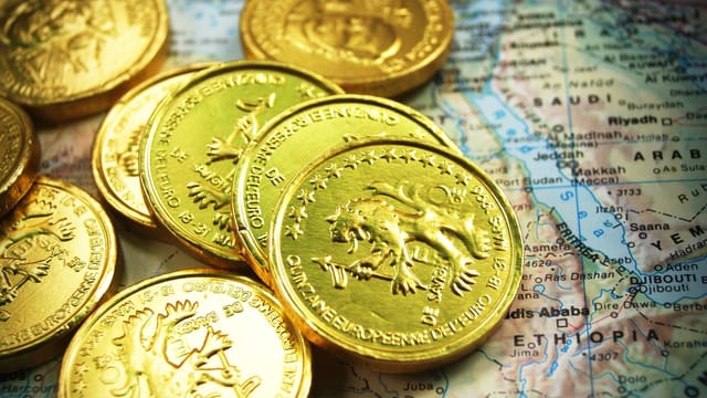 Stack of shiny gold coins placed on a world map, symbolizing global wealth.