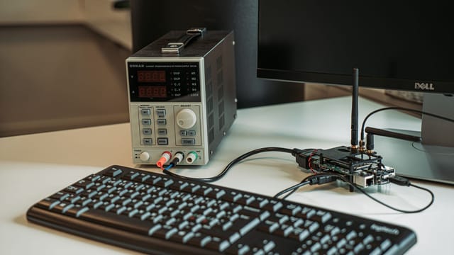 A high-tech desktop setup featuring a power programmer, computer keyboard, and monitor
