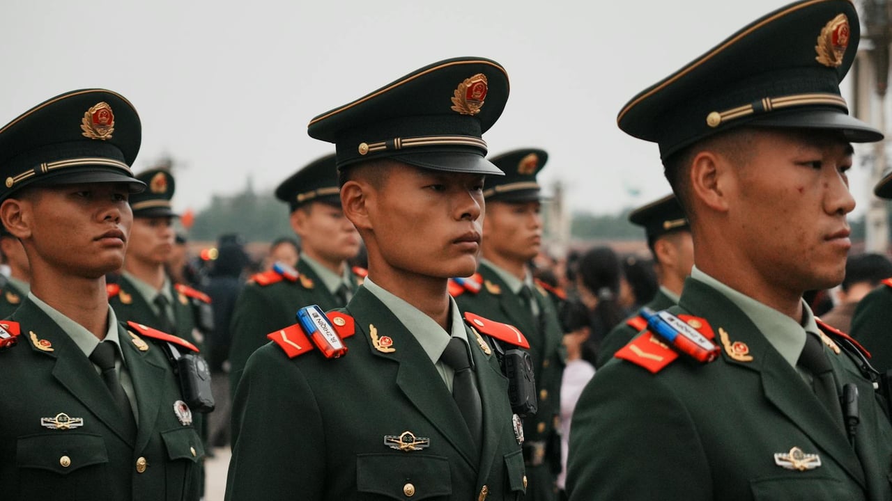 Close-up of military personnel in green uniforms and hats during a parade.