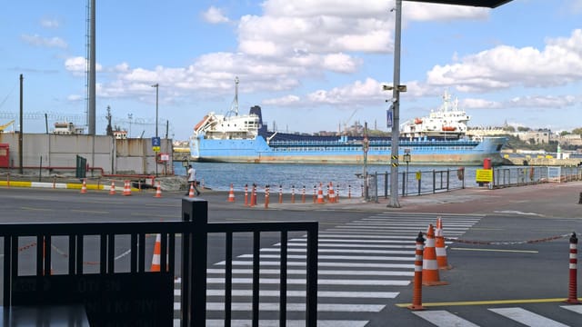 A port scene with moored cargo ships and a clear sky, viewed from inside a gate.