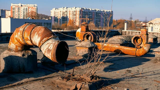 Rusty pipes on an industrial rooftop in Lviv, Ukraine, showcasing urban decay and architecture.