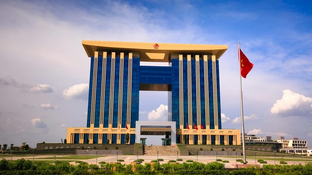 A striking modern architectural facade of a government building in Binh Duong, Vietnam.