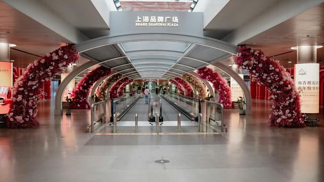 A modern interior view of a Shanghai airport terminal featuring vibrant floral decorations.