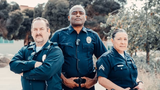 Three uniformed officers standing with confidence outdoors, symbolizing law enforcement.