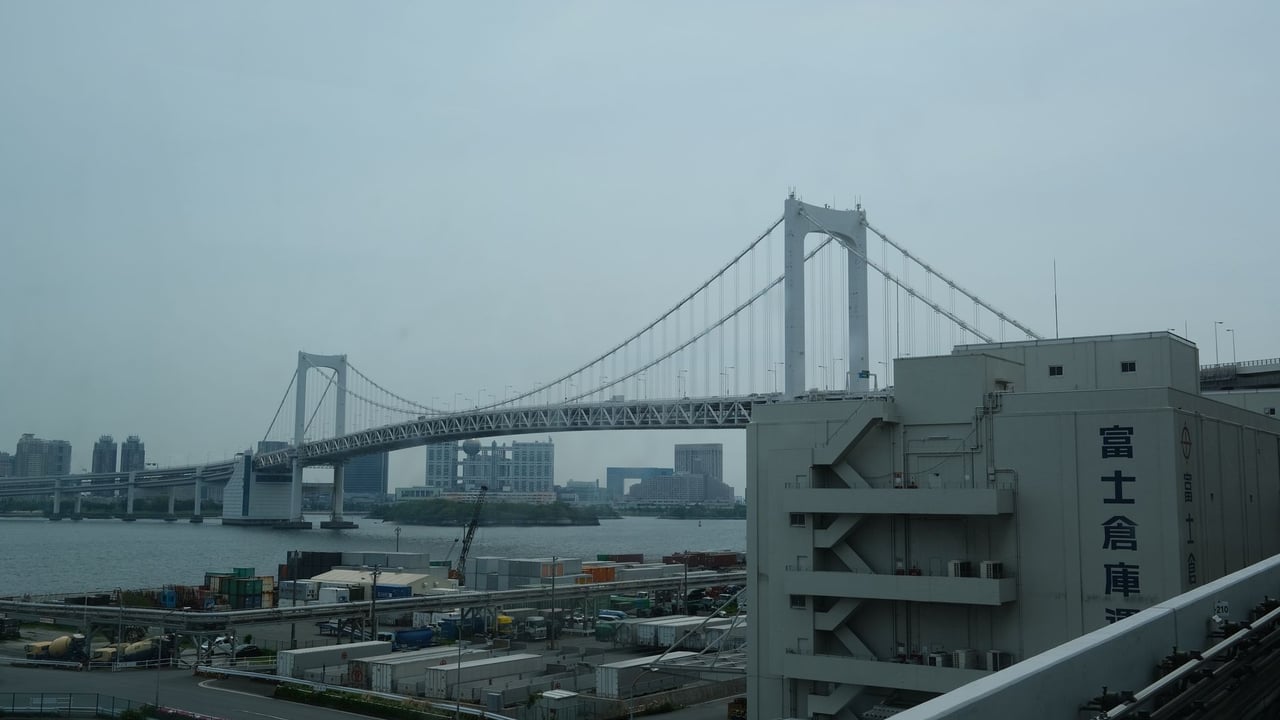 Scenic view of the iconic Rainbow Bridge in Tokyo, Japan on a calm day.