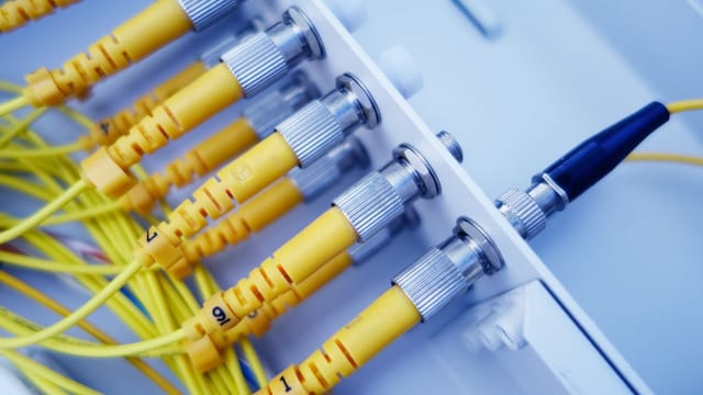 Close-up of yellow fiber optic cables in a network server, showcasing fast data transfer.