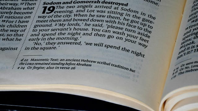 Detailed close-up of a page from the Bible's Book of Genesis, highlighting scripture text.