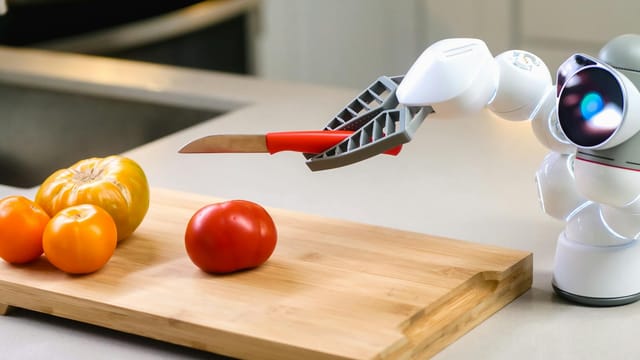 A futuristic robot assists in slicing a tomato in a modern kitchen setting.