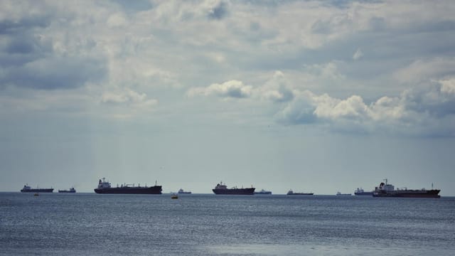 Scenic view of multiple cargo ships anchored on the Bosphorus Strait under a cloudy sky in İstanbul.