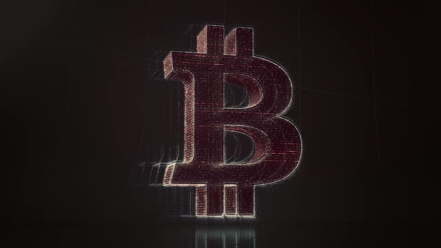 3D depiction of the Bitcoin symbol with a digital, futuristic glow.