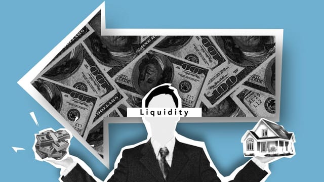 Collage depicting financial liquidity with dollars, a house, and a suit on a blue background.