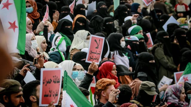 A vibrant protest in Syria with people holding flags and signs, demonstrating activism.