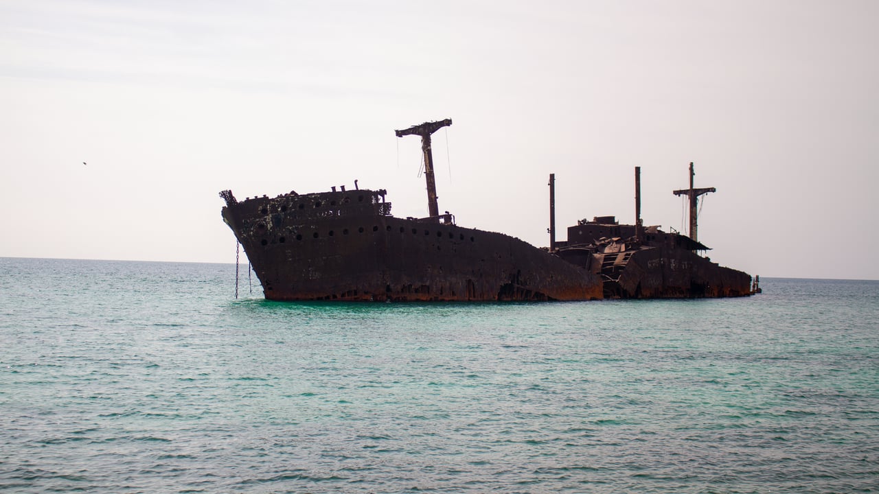 Rustic abandoned shipwreck in Kish, Iran. Iconic maritime landmark in the Persian Gulf.