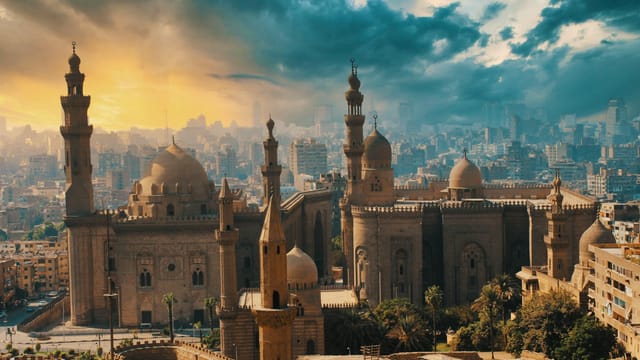 A breathtaking aerial shot of Cairo's historic mosques and cityscape at sunrise.