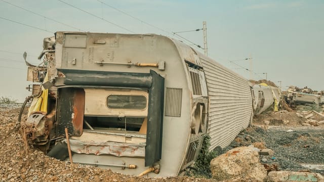 A derailed train lies overturned on a barren track, showcasing a scene of destruction.