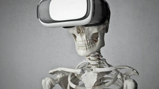 Humorous skeleton with VR headset, blending technology and anatomy in a unique portrait.