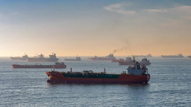 Cargo ships and oil tankers on the Bosporus strait, capturing global trade and maritime logistics at sunset.